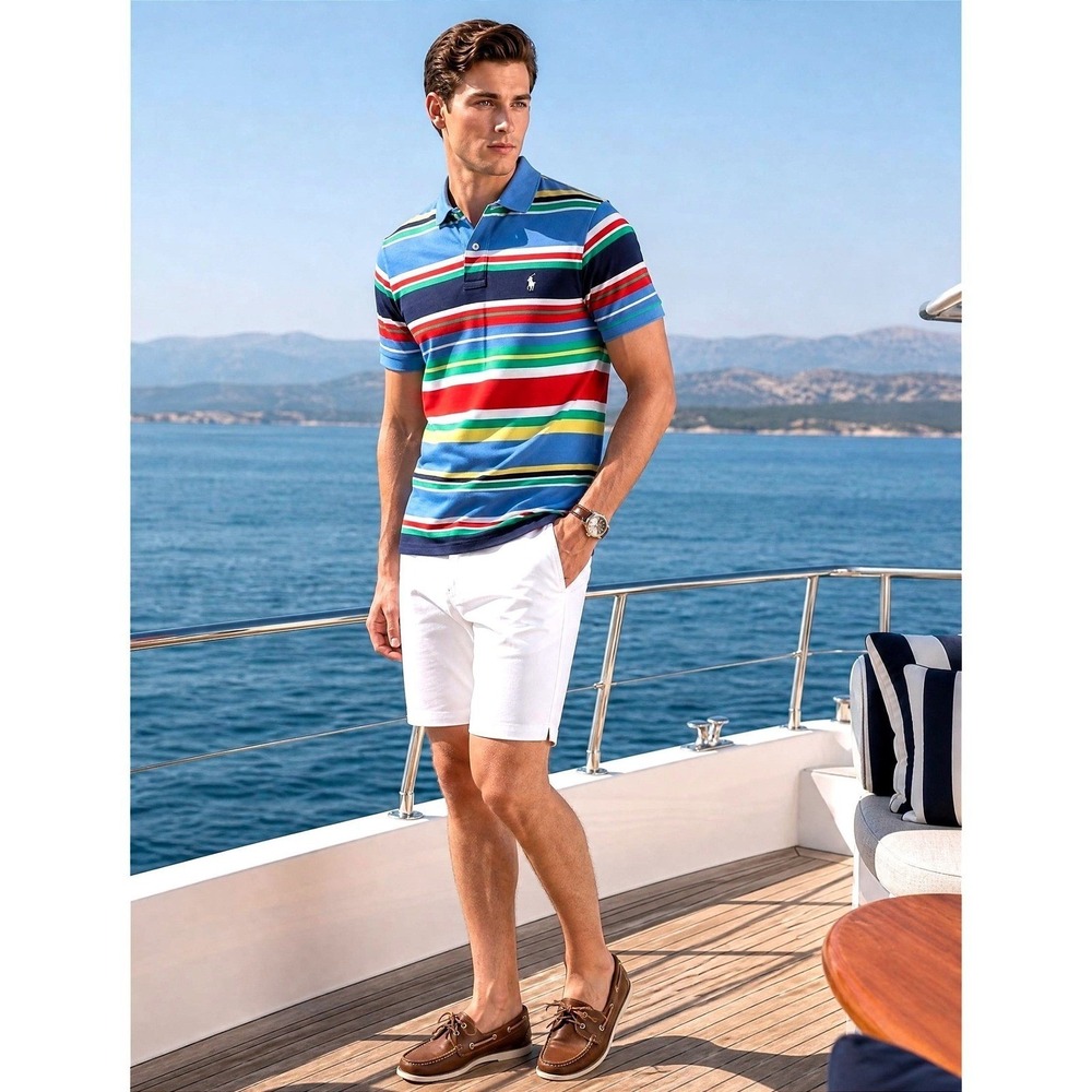 Polo Ralph Lauren Polo Shirt Mens Large Blue Multi Stripe New Custom Slim Fit